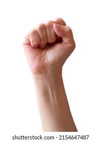woman fist isolated  om white background. Raised fist as human hand up with protest, victory, strength, power. Counting, aggression, brave concept.Closeup