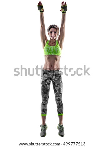 Similar – Image, Stock Photo One young athletic woman at crossfit training, exercising with trx suspension fitness straps over dark background, front view, looking at camera