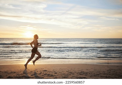 Woman, fitness and running on the beach in sunset for healthy cardio exercise, training or workout on mockup. Female runner exercising in sunrise for run, health and wellness by the ocean coast - Powered by Shutterstock