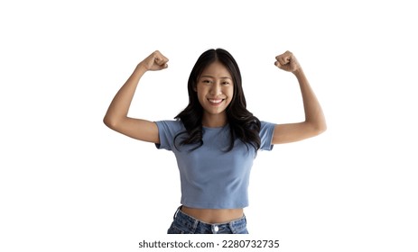 Woman flexing her muscles, Young Asian woman shows off her strength by flexing her jaw and showing off her power, Healthy, Happiness of your choice, White background.