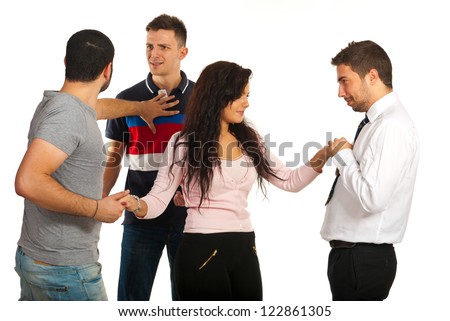 Woman flirting with one man while her boyfriend fighting with other man for same woman isolated on white background