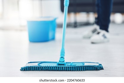 Woman, Floor Mop And Cleaning Housekeeping Product For Home Cleaner In Hygiene Bacteria Maintenance. Employee Service Zoom, Maid And Worker In Healthcare Spring Clean Of Office Building Interior Room