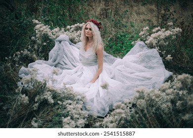 A woman with a floral crown sits gracefully in a meadow, surrounded by wildflowers and lush greenery, exuding serenity and elegance in a flowing white dress that adds to the dreamy ambiance - Powered by Shutterstock