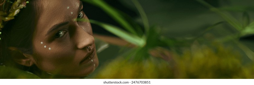 Woman in floral headband gazes at camera near swamp. - Powered by Shutterstock