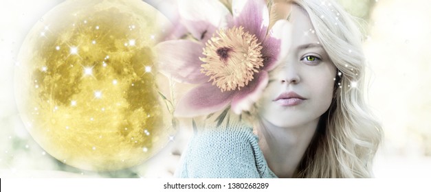 Woman Flower And Full Moon