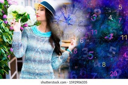 Woman With Flowers Walks Around The City And Space Numerology