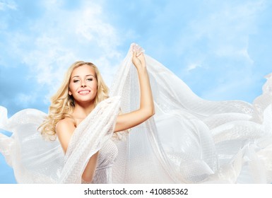 Woman and Flying Silk Fabric, Fashion Model Girl Dancing with White Waving Cloth