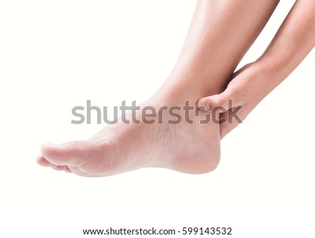 Woman foot heel pain on white background, health care and medical concept
