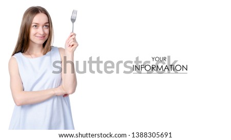 Woman with fork in hand thinking about food on white background isolation
