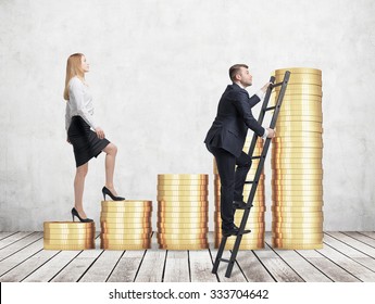 A Woman In Formal Clothes Is Going Up Using A Stairs Which Are Made Of Golden Coins, While A Man Has Found A Shortcut How To Reach The Final Point. A Concept Of Success. Concrete Background.