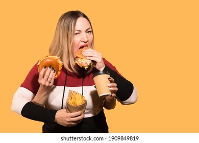 Woman With Four Hands Eating Fast Food