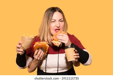 Woman With Four Hands Eating Fast Food