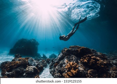 Woman Freediver Fins Underwater Freediving Beautiful Stock Photo ...