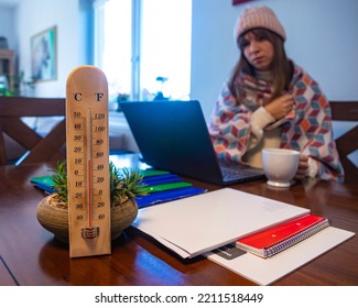 Woman Freezes While Working In Office; Cold At Home; Cold At Work; Gas Crisis 2022; Winter 2022; Blackout; No Heating; Heating Problems In Europe; Home Office