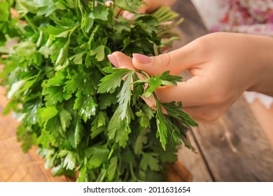 Woman With Fresh Parsley, Closeup