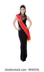 Woman Friendly Smile Of A Pageant Queen Wearing Red Sash