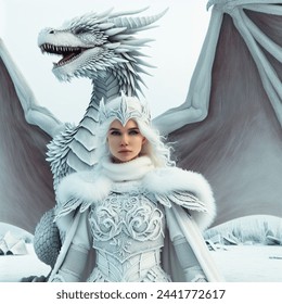 woman in frost-covered white armor looking straight at viewer with a huge white dragon behind her