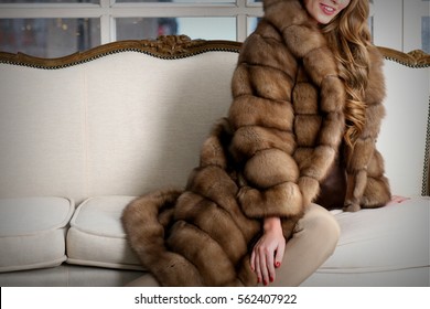 Woman In Fur Coat, Close Up, On The Sofa, Fur Texture