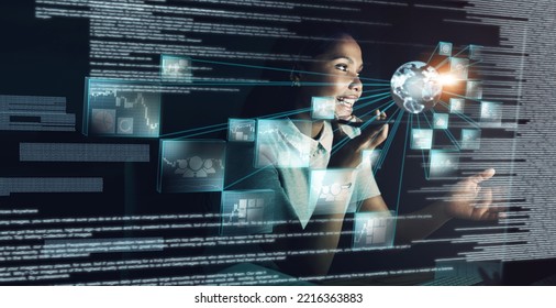 Woman, Futuristic Technology And Phone Networking With Big Data For Global Communication At Night. Female Employee Developer At Work On Digital Transformation, Cyber Security And Fintech Overlay