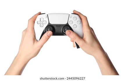 Woman with game controller on white background, closeup - Powered by Shutterstock