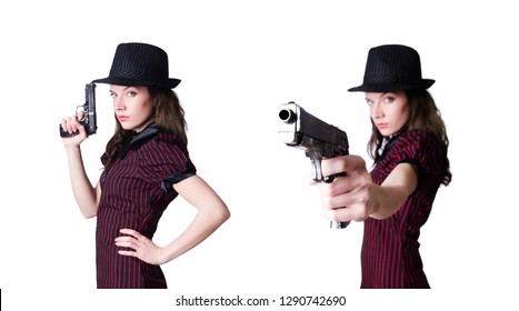 Woman Gangster With Handgun On White