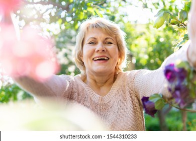 A woman in the garden chooses flowers for seedlings. A middle-aged woman among the plants admires her flowers. She works in the village.