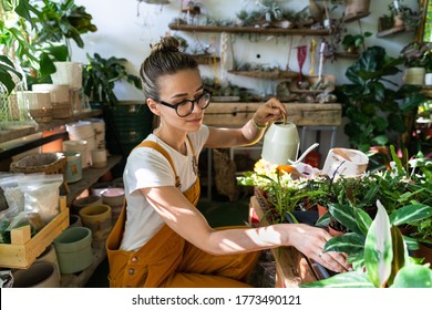 Woman gardener in orange overalls watering potted houseplant in greenhouse surrounded by plants and pots, using white watering can metal. Home gardening, love of plants and care. Small business.  - Powered by Shutterstock