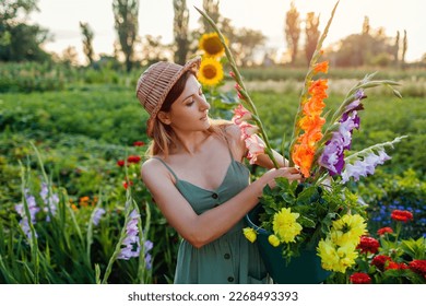 Woman gardener picking gladiolus and dahlias and carrying them in bucket with water. Harvest in summer garden at sunset. Cut flowers business. - Shutterstock ID 2268493393