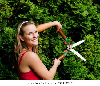 Woman Gardener Trimming The Hedge In Her Garden In Summer