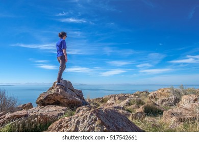 Woman Gazing At Expansive View On Antelope Island, Syracuse, Utah