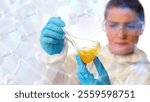 Woman is geneticist. Girl scientist with test tube. Glass flask in hands laboratory assistant. Molecular mesh near woman geneticist. Scientist conducts scientific experiment. Lab staff. Art focus