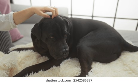 A woman gently pets a black labrador dog resting on a beige, fluffy blanket in an outdoor urban park setting. - Powered by Shutterstock