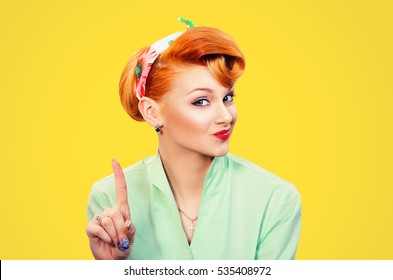 woman gesturing a no sign. Closeup portrait unhappy, serious pinup retro style girl raising finger up saying oh no you did not do that yellow background. Negative emotions facial expressions, feelings