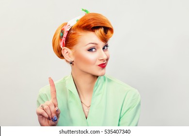 woman gesturing a no sign. portrait unhappy, serious pinup retro style girl raising finger up saying oh no you did not do that white grey background. Negative emotions, facial expressions, feelings