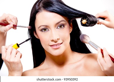 Woman Getting Professional Make Up And Hair - Isolated Over A White Background