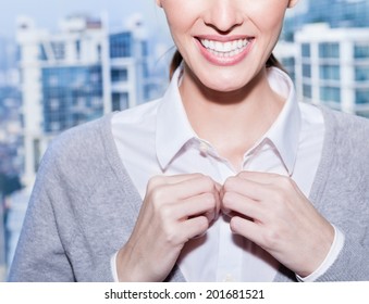 Woman Getting Ready For A Work. Dressing Up Concept.