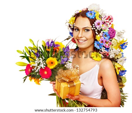 Woman with gift box and flower bouquet . Isolated.