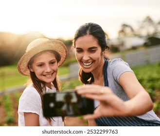 Woman, girl and happy on farm for selfie, social media post and agriculture. Family business, mother and daughter with smile for photography, website update and connectivity in Colombia countryside - Powered by Shutterstock