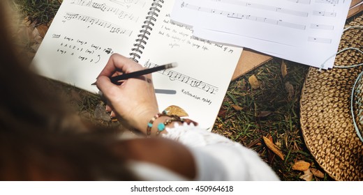 Woman Girl Playing Guitar Writing Song Music Concept