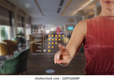 Woman Gives Rating To Service Experience On Virtual Online Application, Customer Review Satisfaction Feedback Survey Concept. Hotel Lobby Interior.