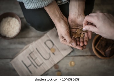 Woman Giving Money To Poor Female Beggar, Closeup