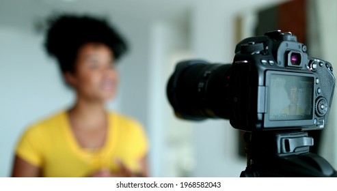 Woman Giving Testimony In Front Of Camera Doing Explainer Video