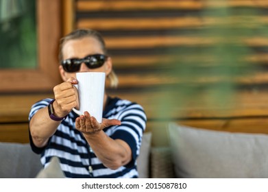 Woman Giving White Mug With Free Space For Text, Closeup, Mockup