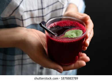 Woman With Glass Of Fresh Beet Juice, Closeup