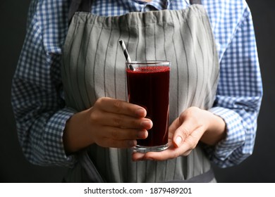 Woman With Glass Of Fresh Beet Juice, Closeup