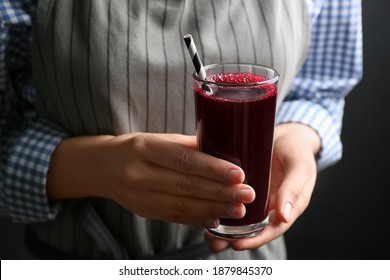 Woman With Glass Of Fresh Beet Juice, Closeup