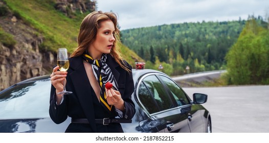 Woman With A Glass Of Wine Is Waiting For A Sober Driver. Designated Driver Service