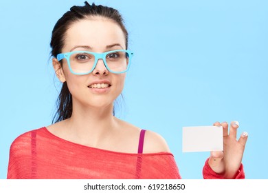       Woman In Glasses With Bisiness Card 