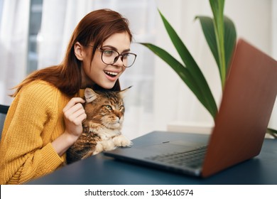 Woman glasses coffee with a confident Happy look open laptop business cat yellow office sweater