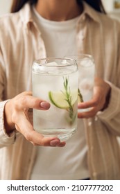 Woman With Glasses Of Cold Gin Tonic, Closeup